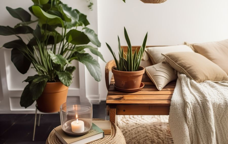Astuces déco anti-anxiété » 5 Astuces Déco Anti-Anxiété Pour Transformer Votre Espace en 2025 Variété de plantes d'intérieur faciles d'entretien disposées dans un petit espace, illustrant les bienfaits des plantes contre l'anxiété