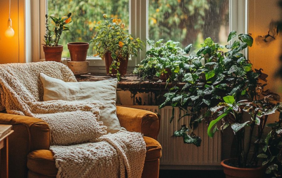Astuces déco anti-anxiété » 5 Astuces Déco Anti-Anxiété Pour Transformer Votre Espace en 2025 Salon cozy avec différentes sources de lumière douce, montrant des astuces d'éclairage anti-anxiété